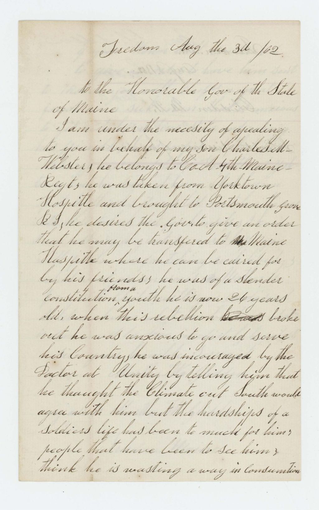 Miniature of Martha W. Glidden requests discharge of her son Charles M. Webster