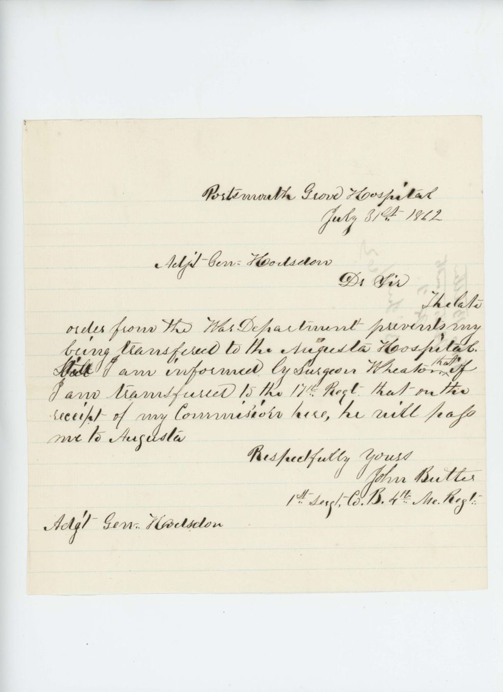 Miniature of Sergeant John Butler requests aid in transfer to Augusta Hospital