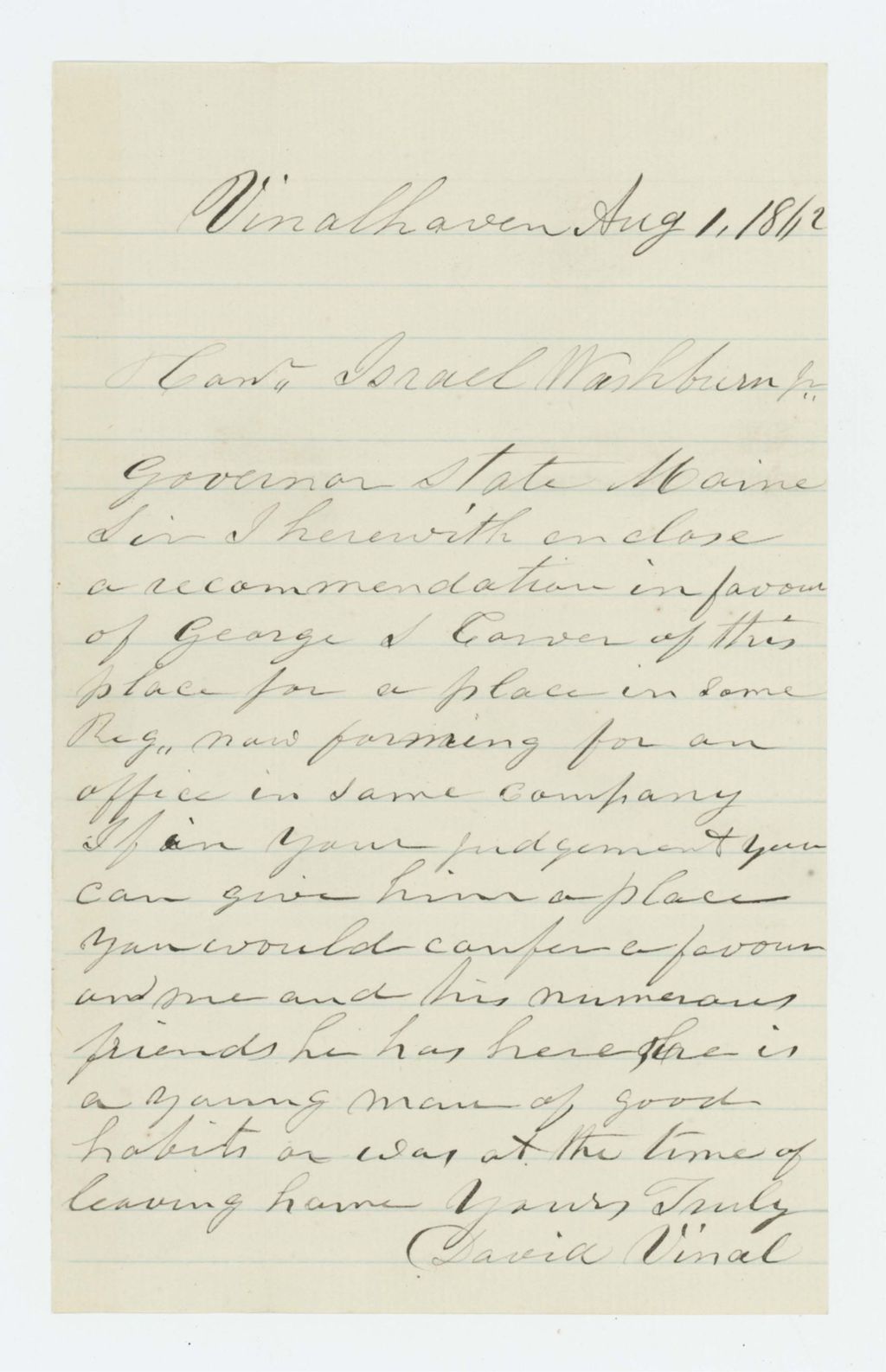 Miniature of David Vinal recommends George S. Carver for promotion