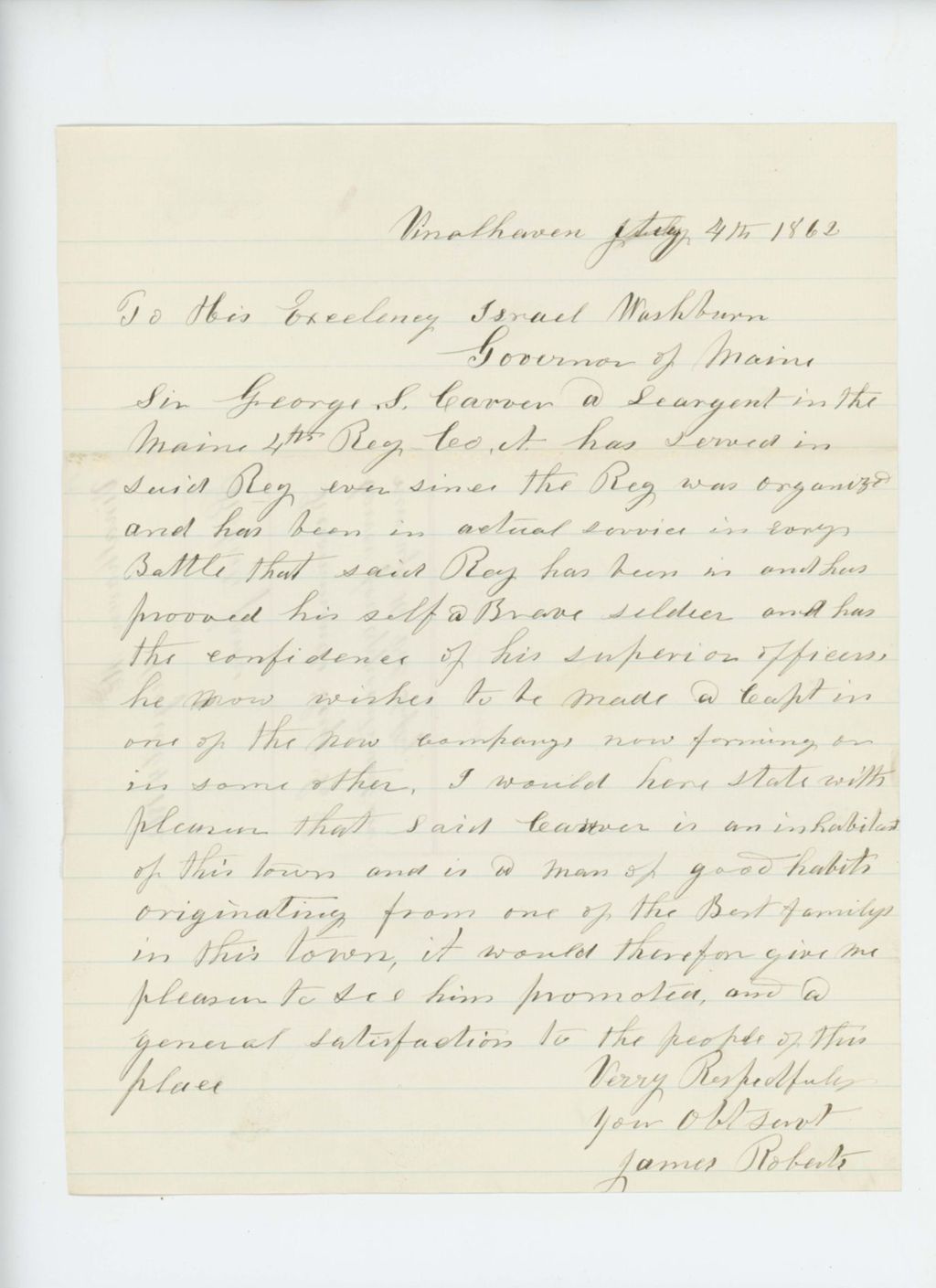 Miniature of James Roberts recommends Sergeant George S. Carver for appointment to new regiment
