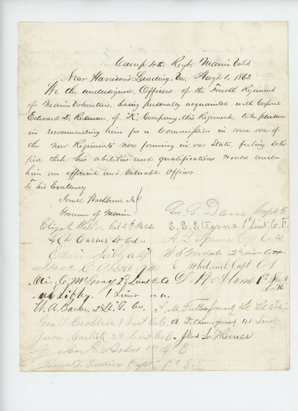 Miniature of Colonel Walker and officers recommend Edward D. Redman for commission in a new regiment