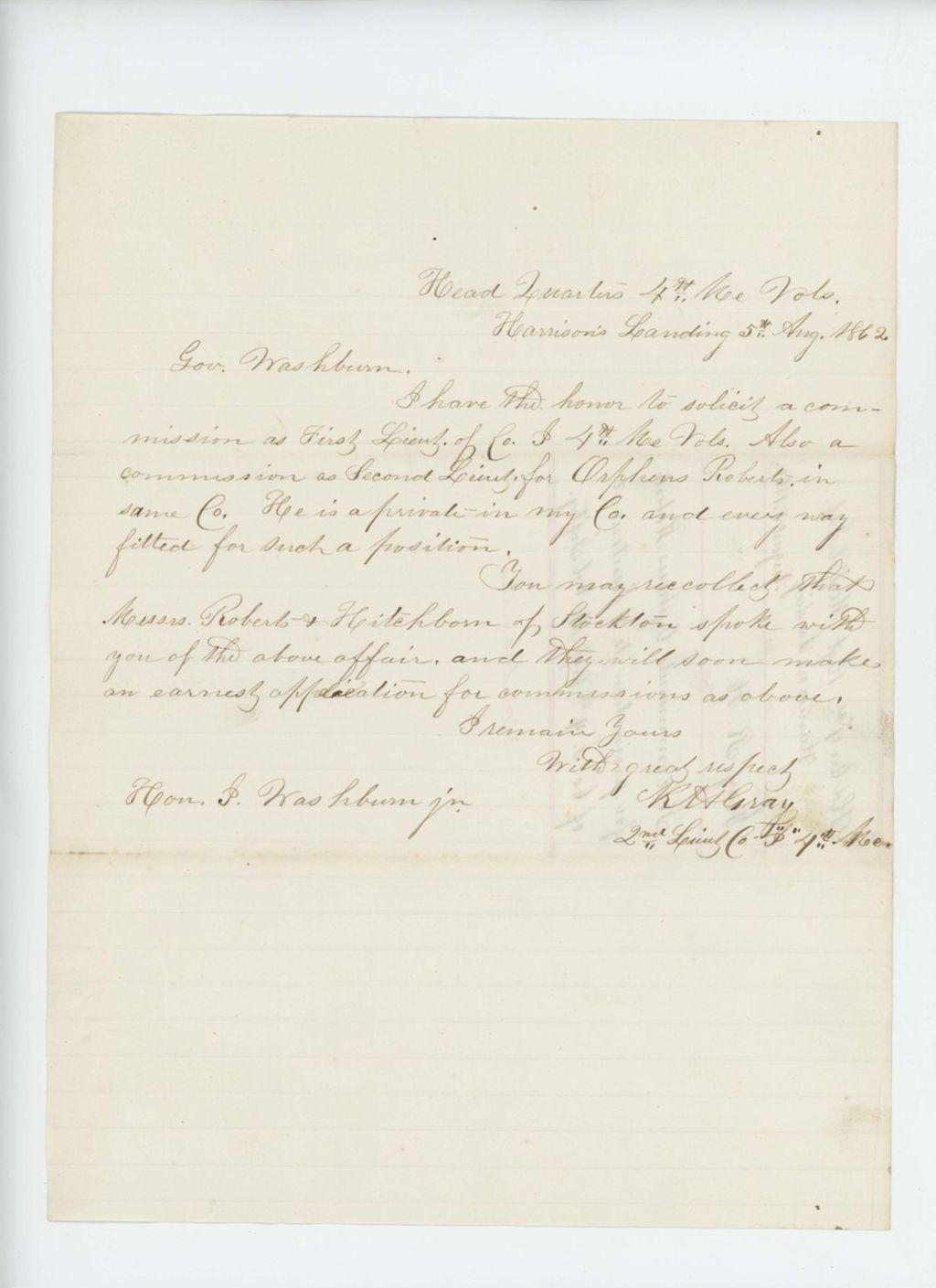 Miniature of Lieutenant R.H. Gray recommends Orpheus Roberts for promotion to lieutenant