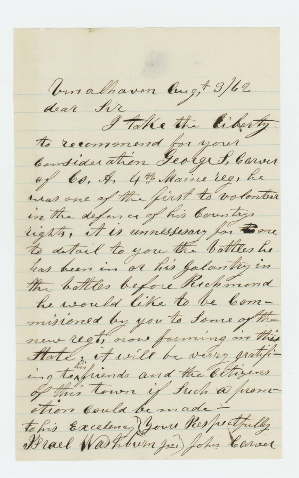 Miniature of John Carver recommends George S. Carver of Company A for promotion