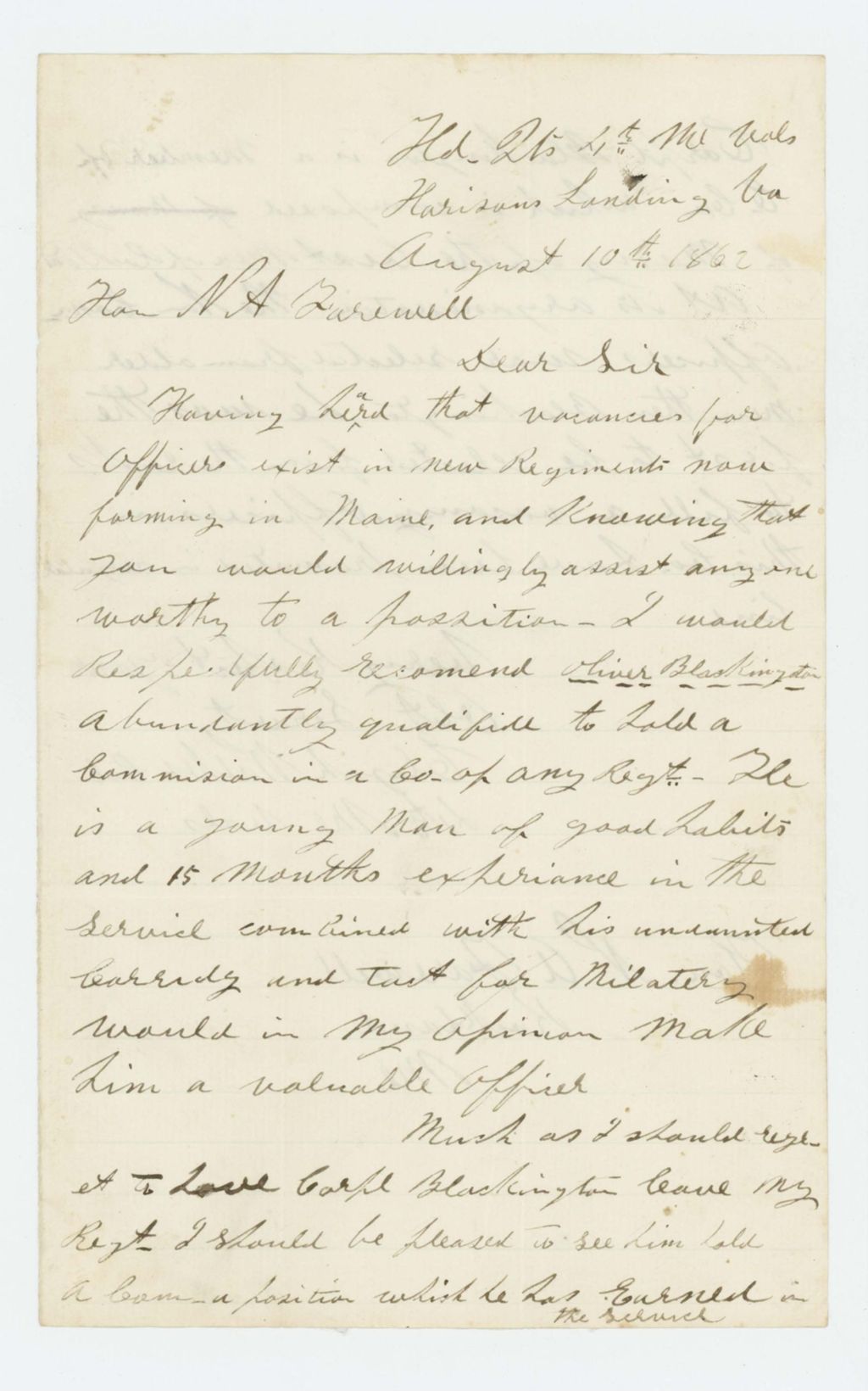 Miniature of Colonel Walker recommends Oliver Blackington for a commission in a new regiment