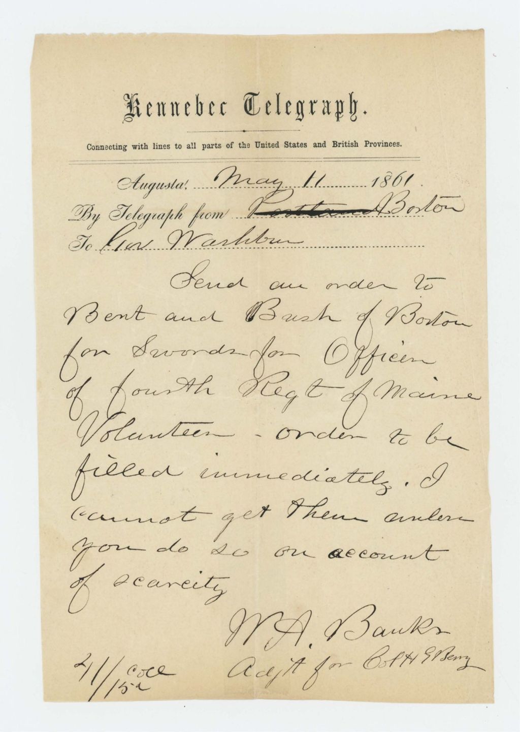 Miniature of Adjutant Banks telegraphs request for an order of swords for officers