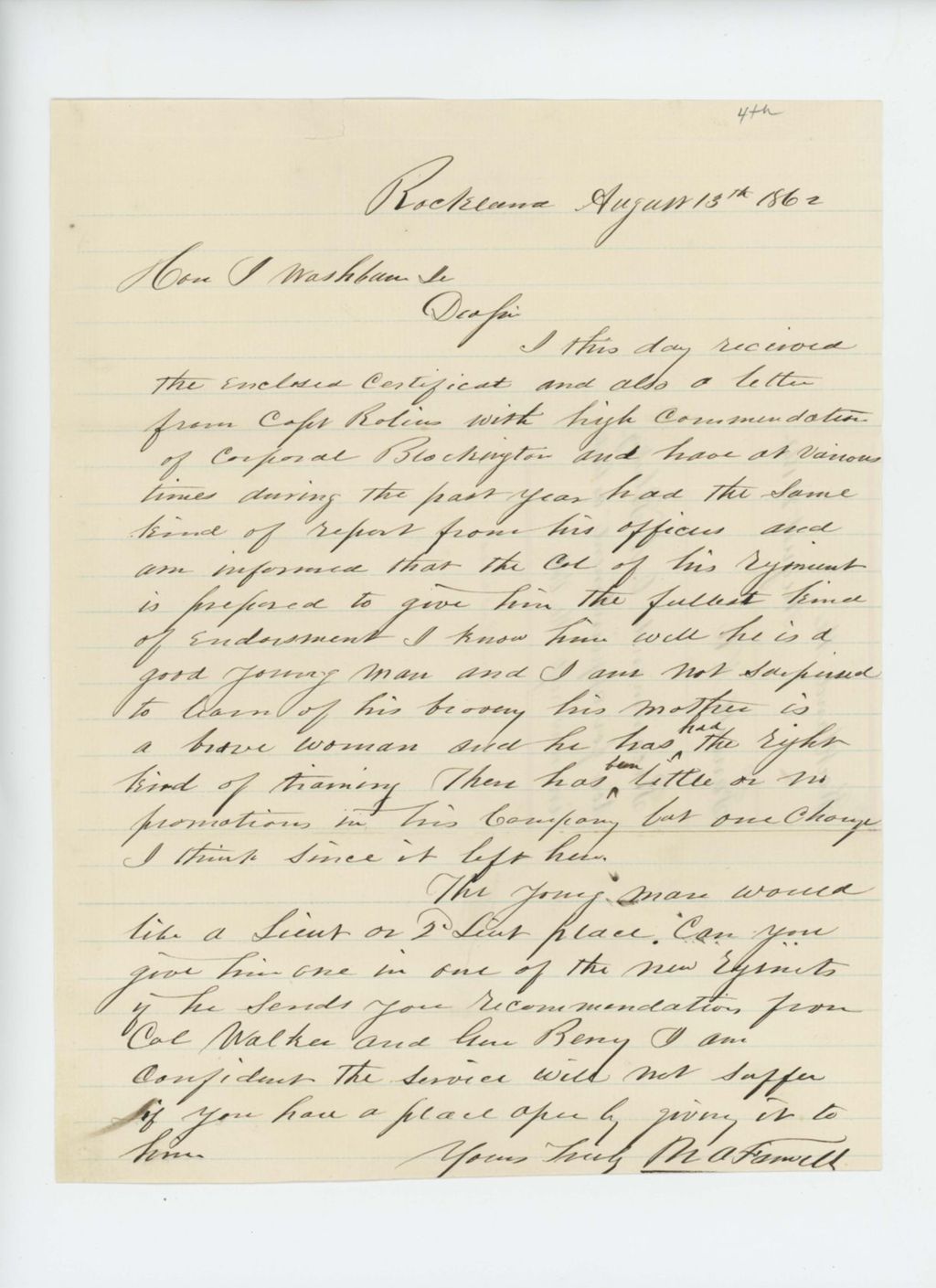 Miniature of N.A. Farwell recommends Orpheus N. Blackington for appointment in a new regiment