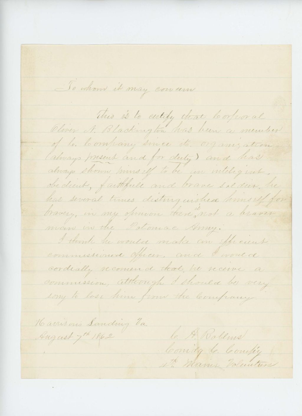 Miniature of L.D. Carver recommends Corporal Redman of Company K for commission
