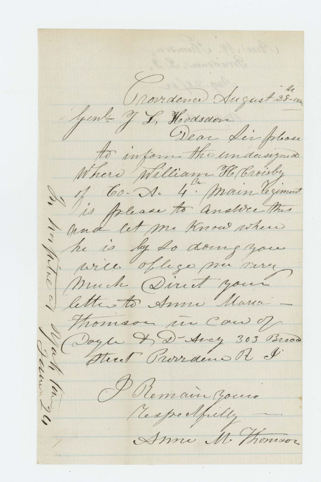 Miniature of Anne M. Thomson inquires about William H. Crosby of Company A