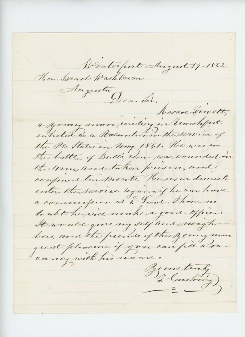 Miniature of T. Cushing recommends Roscoe Trivett for appointment as lieutenant in 9 month's service