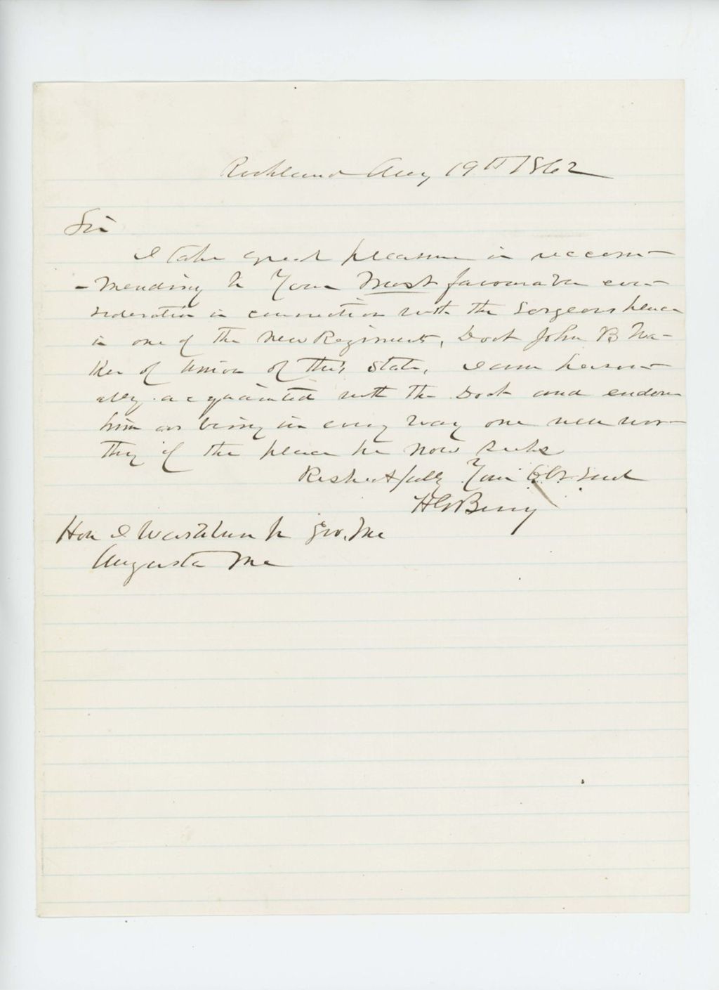 Miniature of General Berry recommends John B. Walker of Union for position