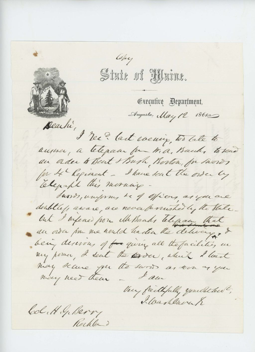Miniature of Governor Washburn responds to Colonel Berry that he received Captain W.A. Banks's request for flannel