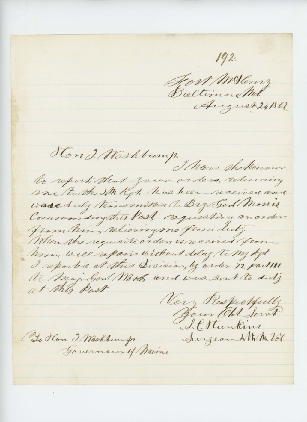 Miniature of S.C. Hunkins receives orders to return to the 4th Regiment