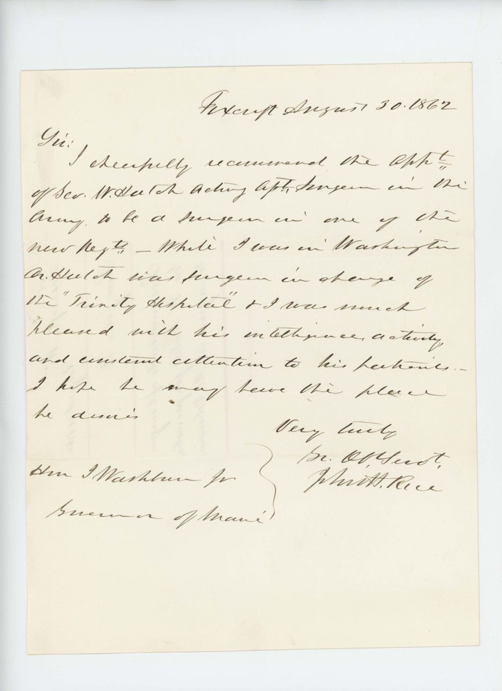 Miniature of John H. Rice recommends Assistant Surgeon George W. Hatch for promotion to surgeon