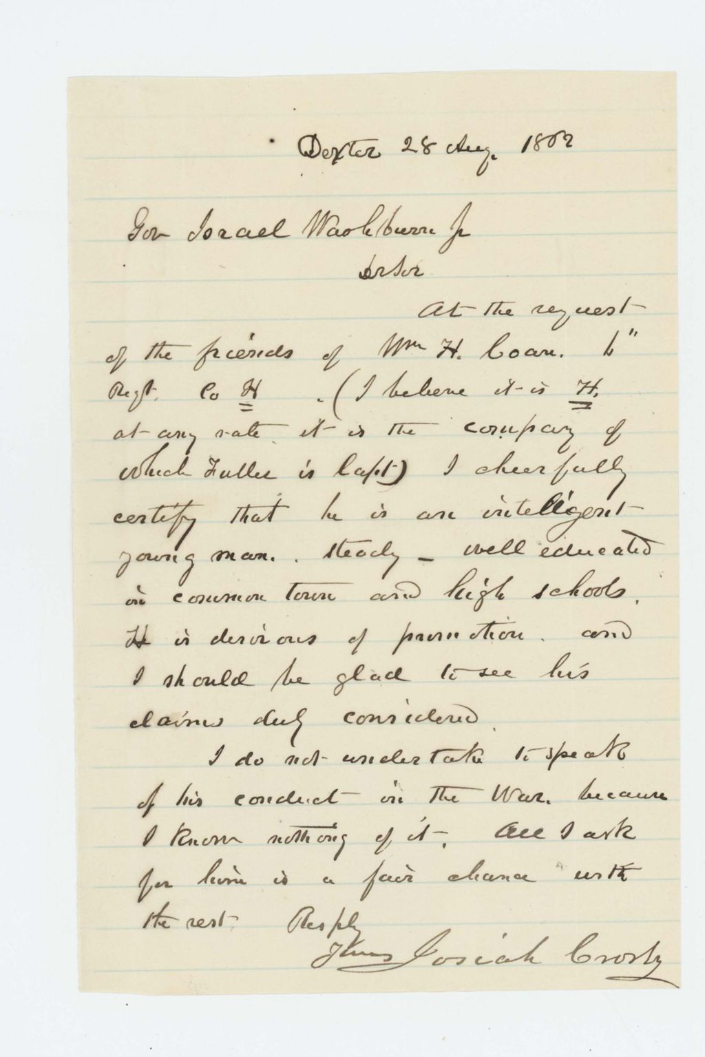 Miniature of Josiah Crosby recommends William H. Coan for position