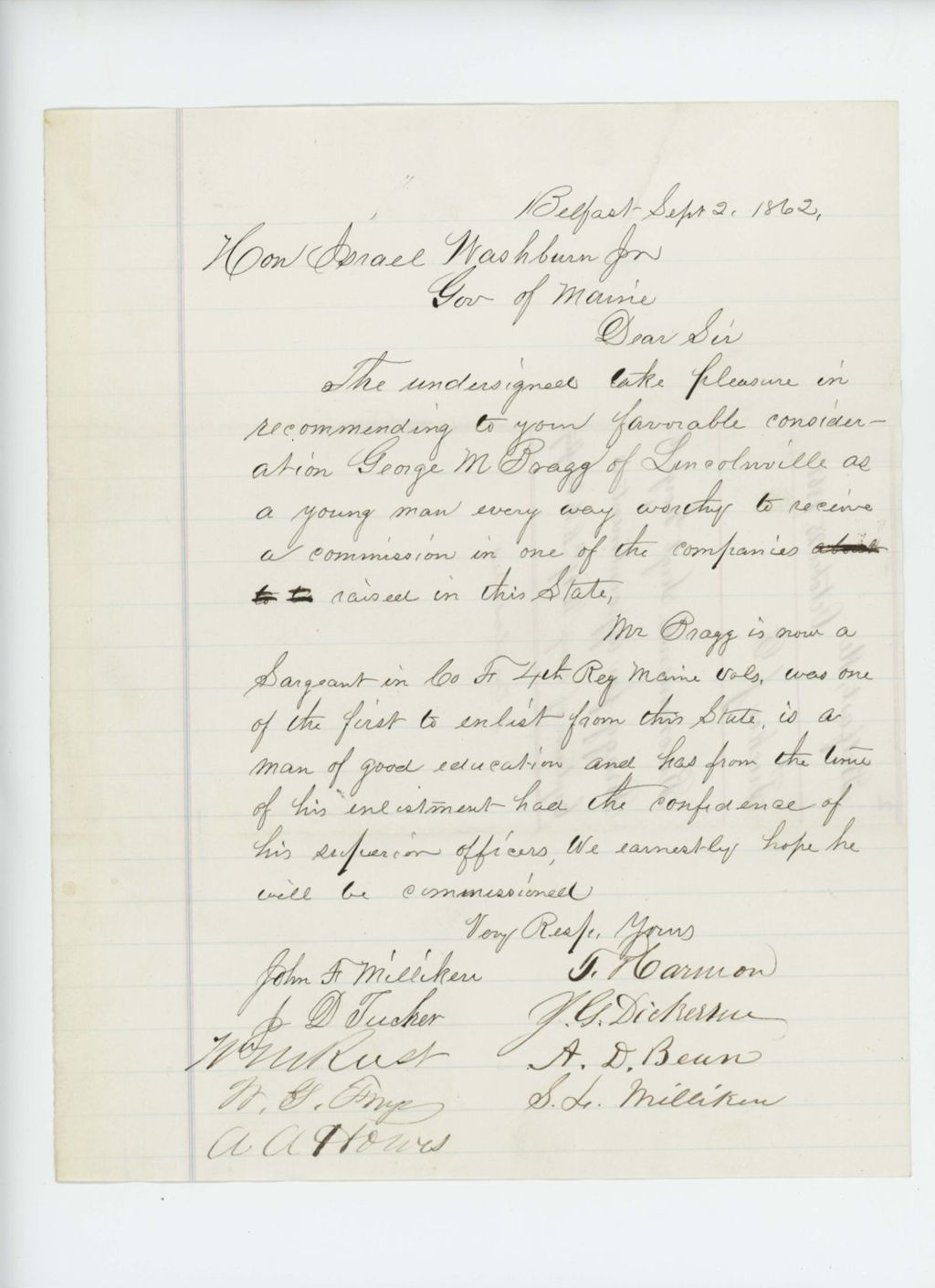 Miniature of John A. Milliken and others recommend George M. Bragg for commission