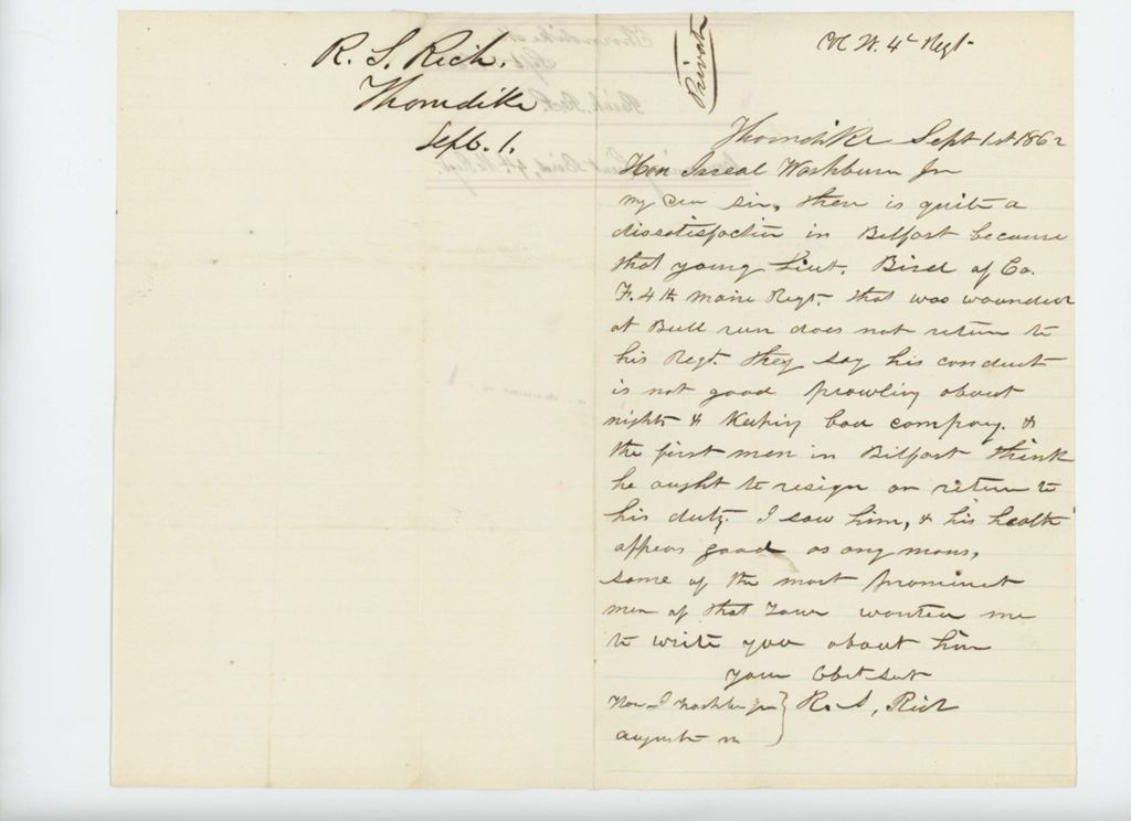 Miniature of R.L. Rich expresses concern to Governor Washburn about Lieutenant Bird's conduct