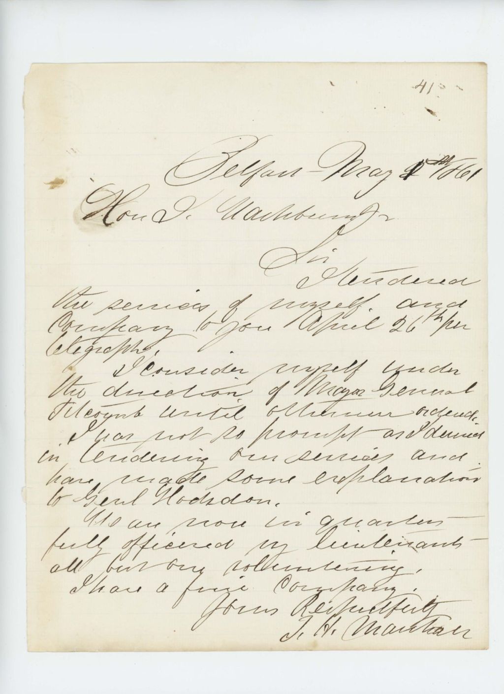 Miniature of Thomas H. Marshall notifies Governor Washburn his company is in service of Major General Titcomb