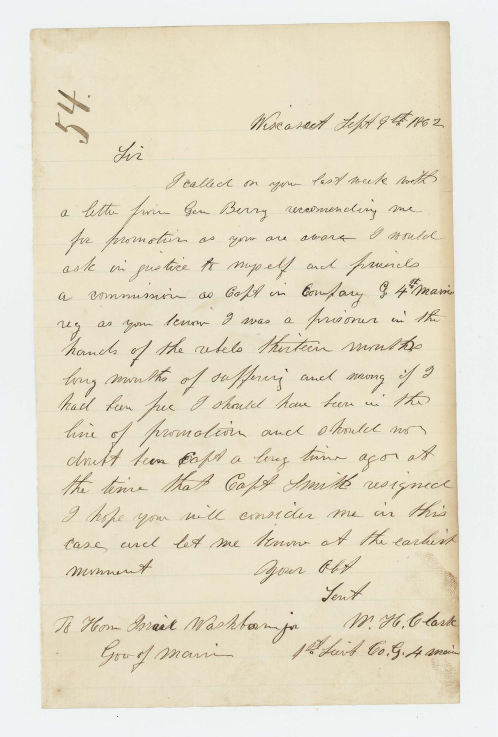 Miniature of W.H. Clark requests a promotion to Captain of Company G