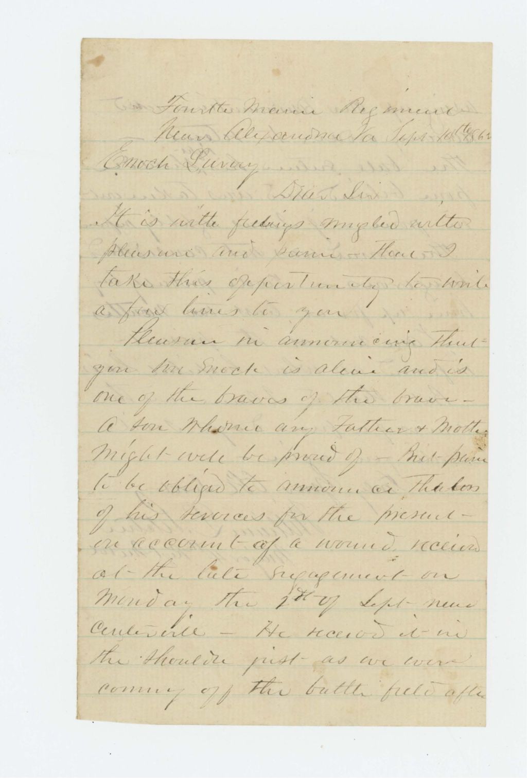 Miniature of Major William L. Pitcher writes Enoch Luvery that his son is alive but wounded
