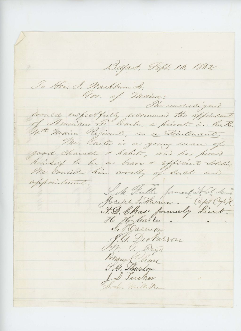 Miniature of S.N. Fuller recommends Americus F. Carter for promotion to Lieutenant in Company K