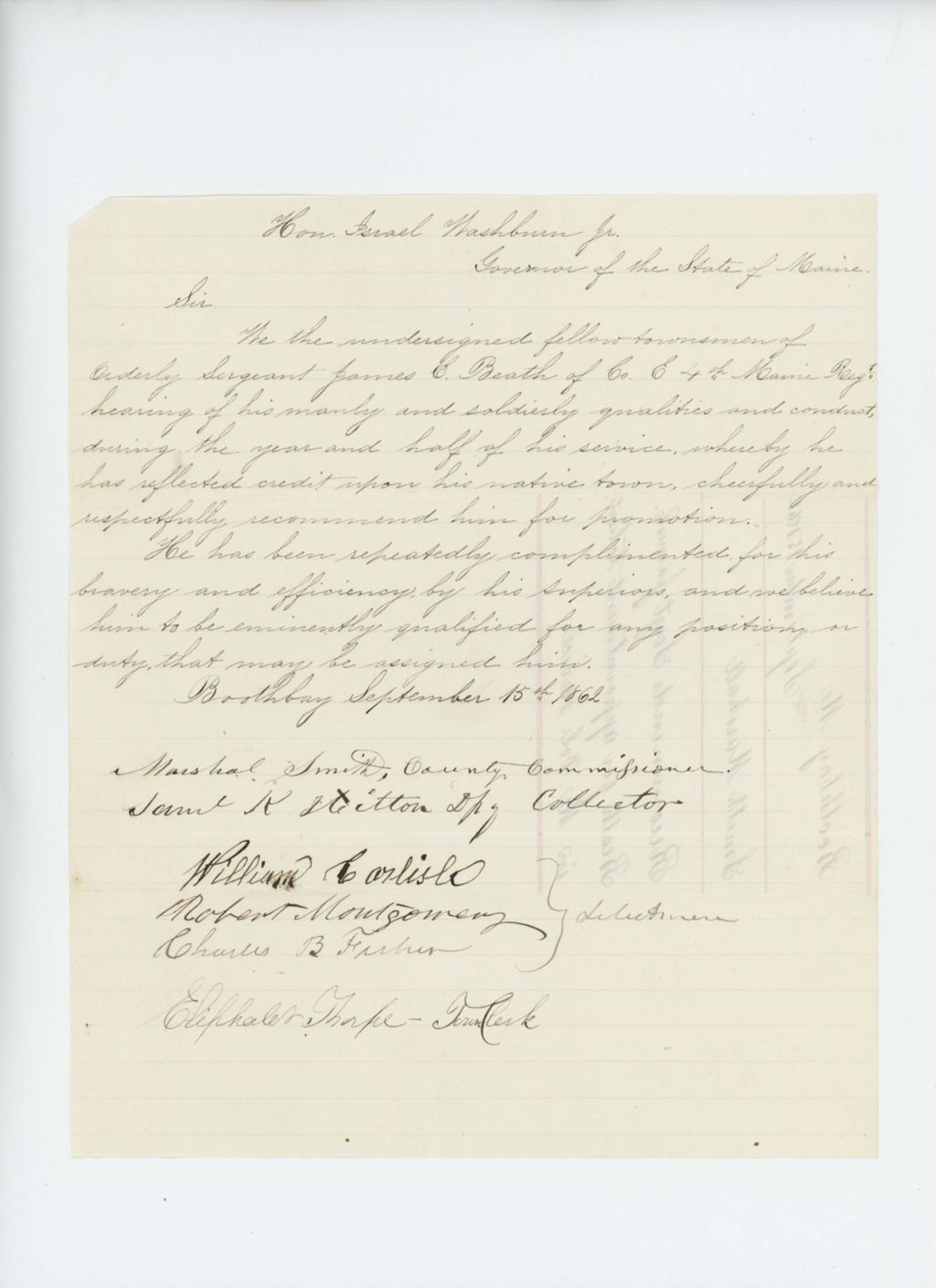 Miniature of Marshal Smith and others recommend Sergeant James E. Beath for appointment as lieutenant