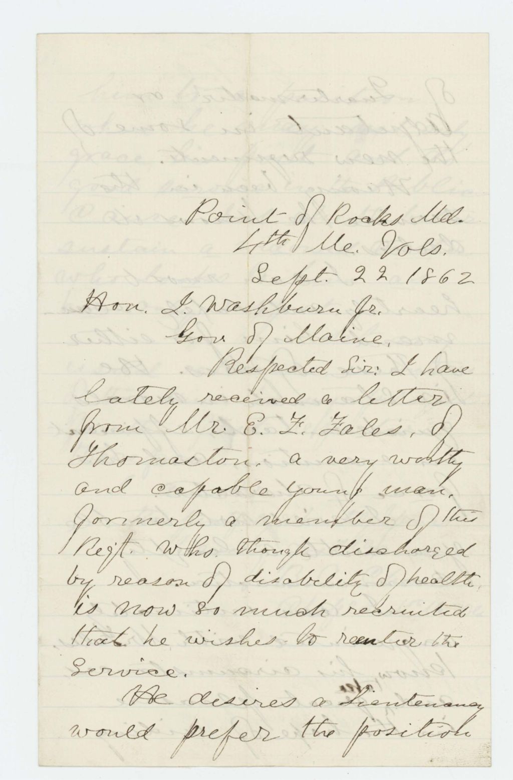 Miniature of Chaplain B.A. Chase recommends E. Fales for appointment