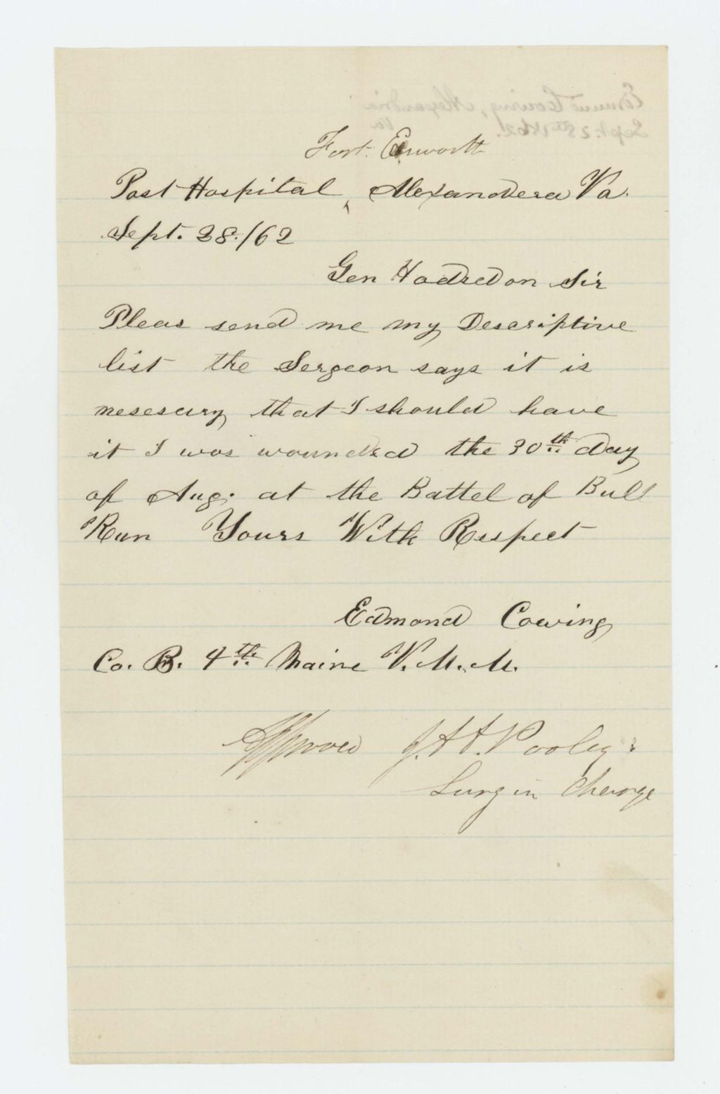 Miniature of Edmond Cowing of Company B requests his descriptive list