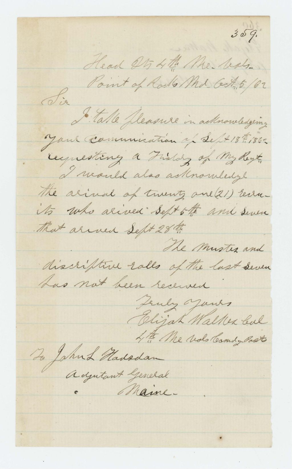 Miniature of Elijah Walker acknowledges request for regimental history and notes arrival of 28 new recruits