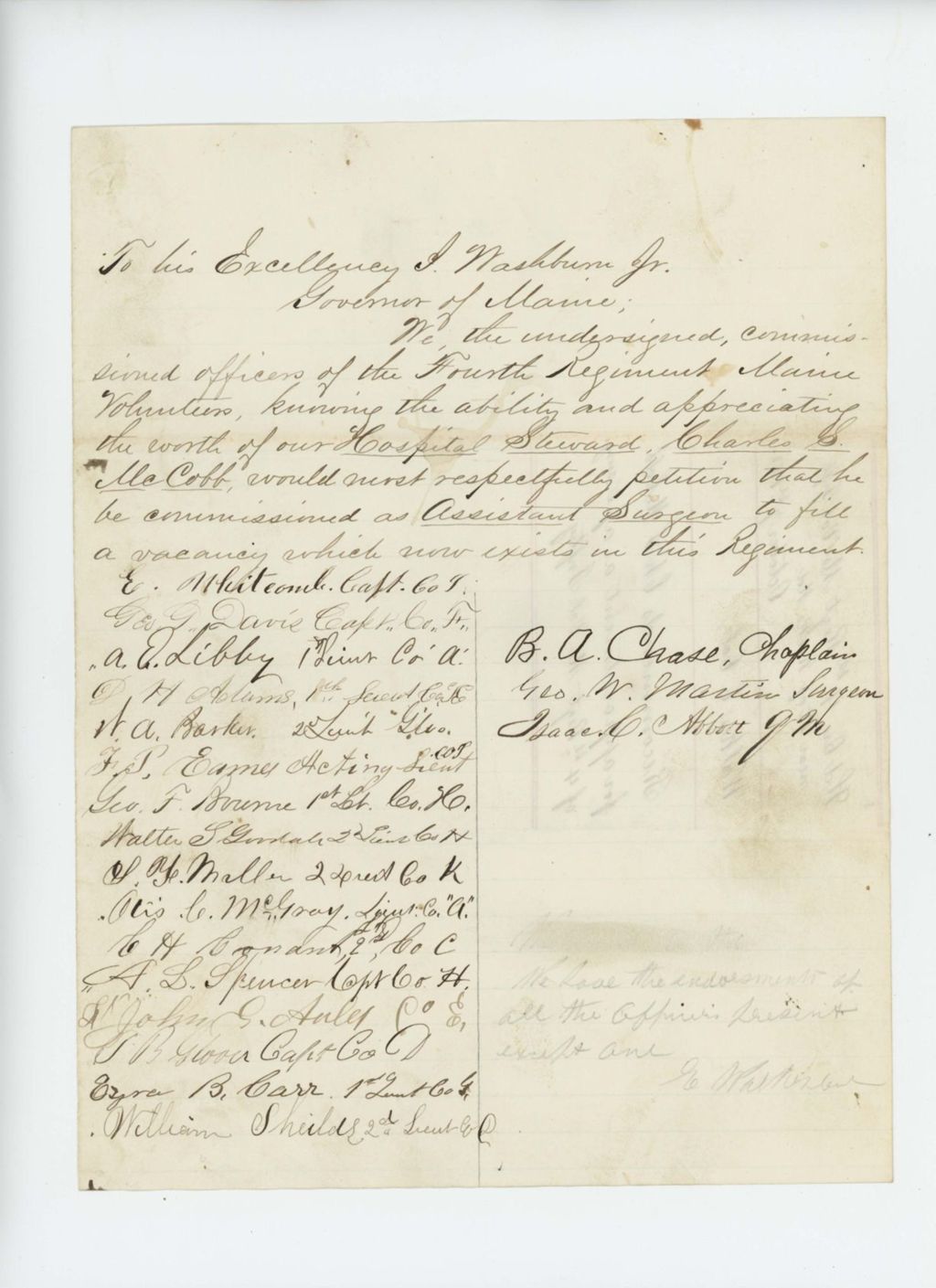 Miniature of Petition of Colonel Walker and others requesting Charles S. McCobb for assistant surgeon