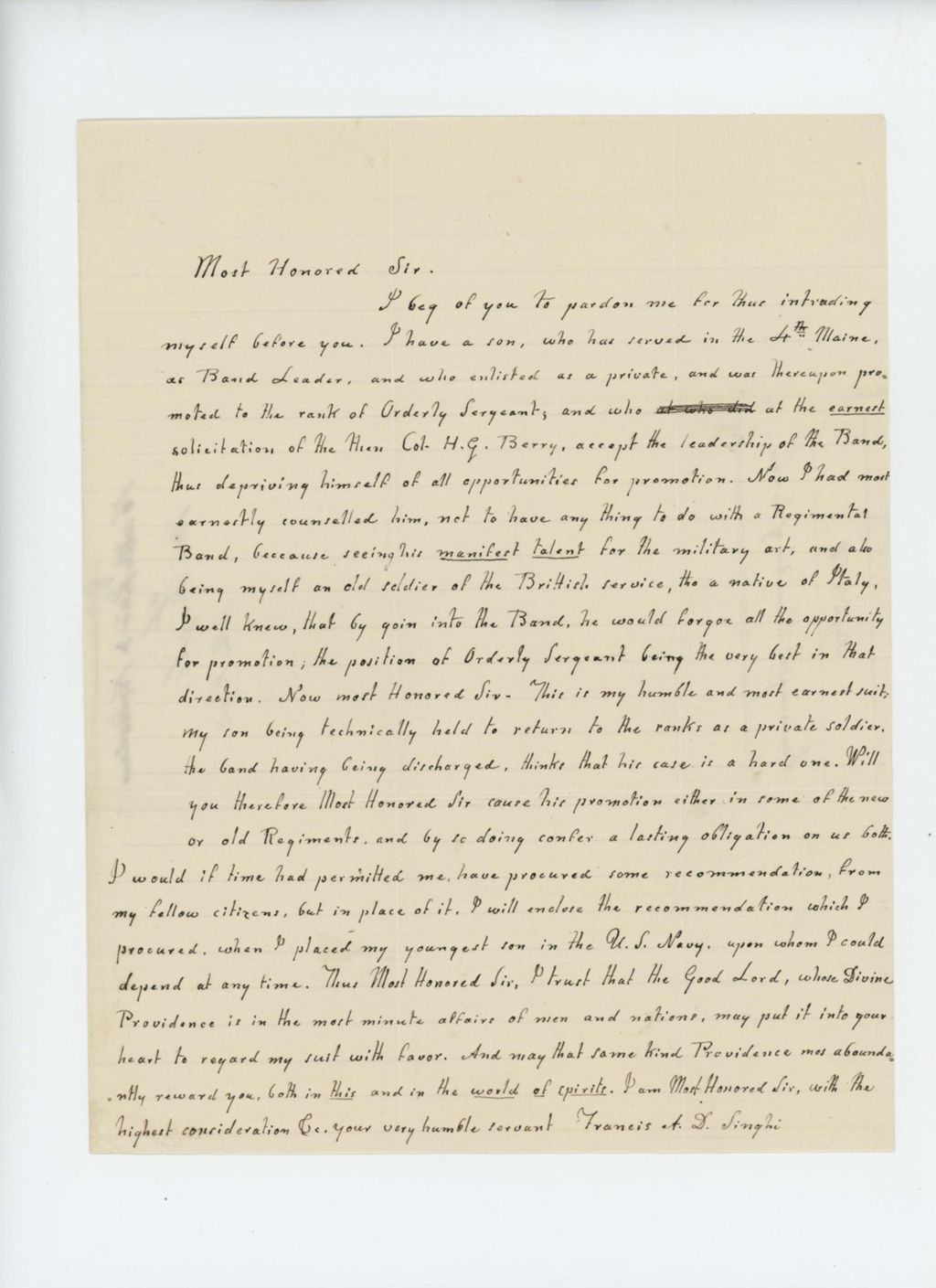 Miniature of Francis A.D. Singhi writes concerning the promotion of his son