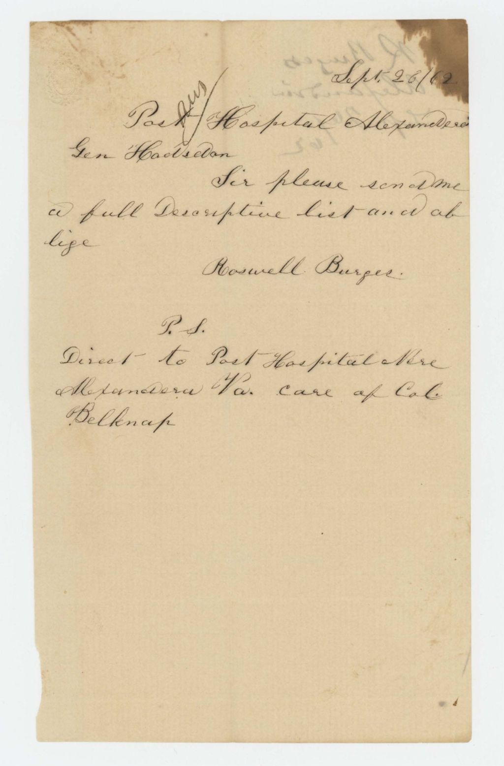 Miniature of Roswell Burges requests his descriptive list