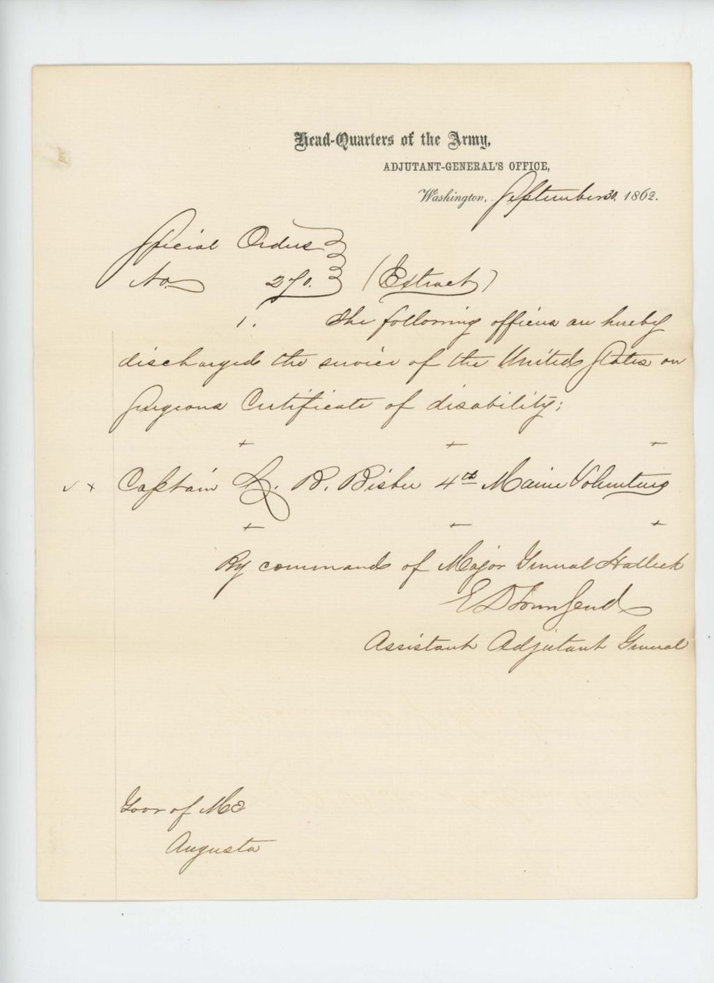 Miniature of Special Order 270 discharging Captain Bisbee for disability