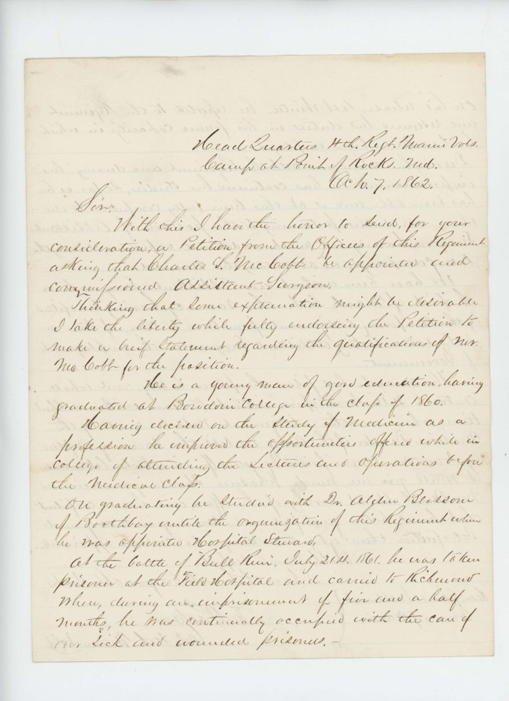 Miniature of Colonel Walker sends a petition requesting appointment of Charles McCobb as assistant surgeon