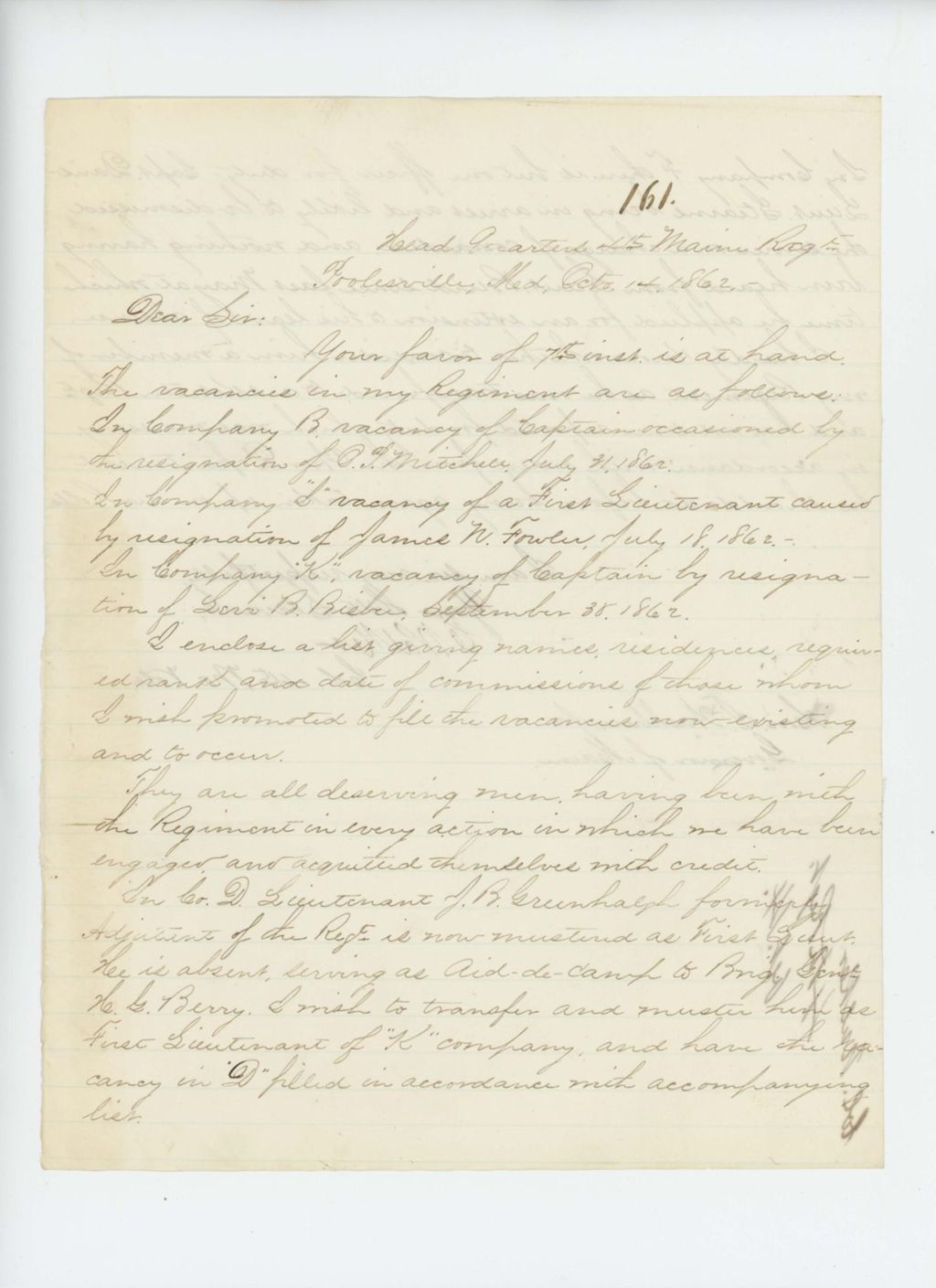 Miniature of Colonel Walker writes Governor Washburn regarding regimental vacancies