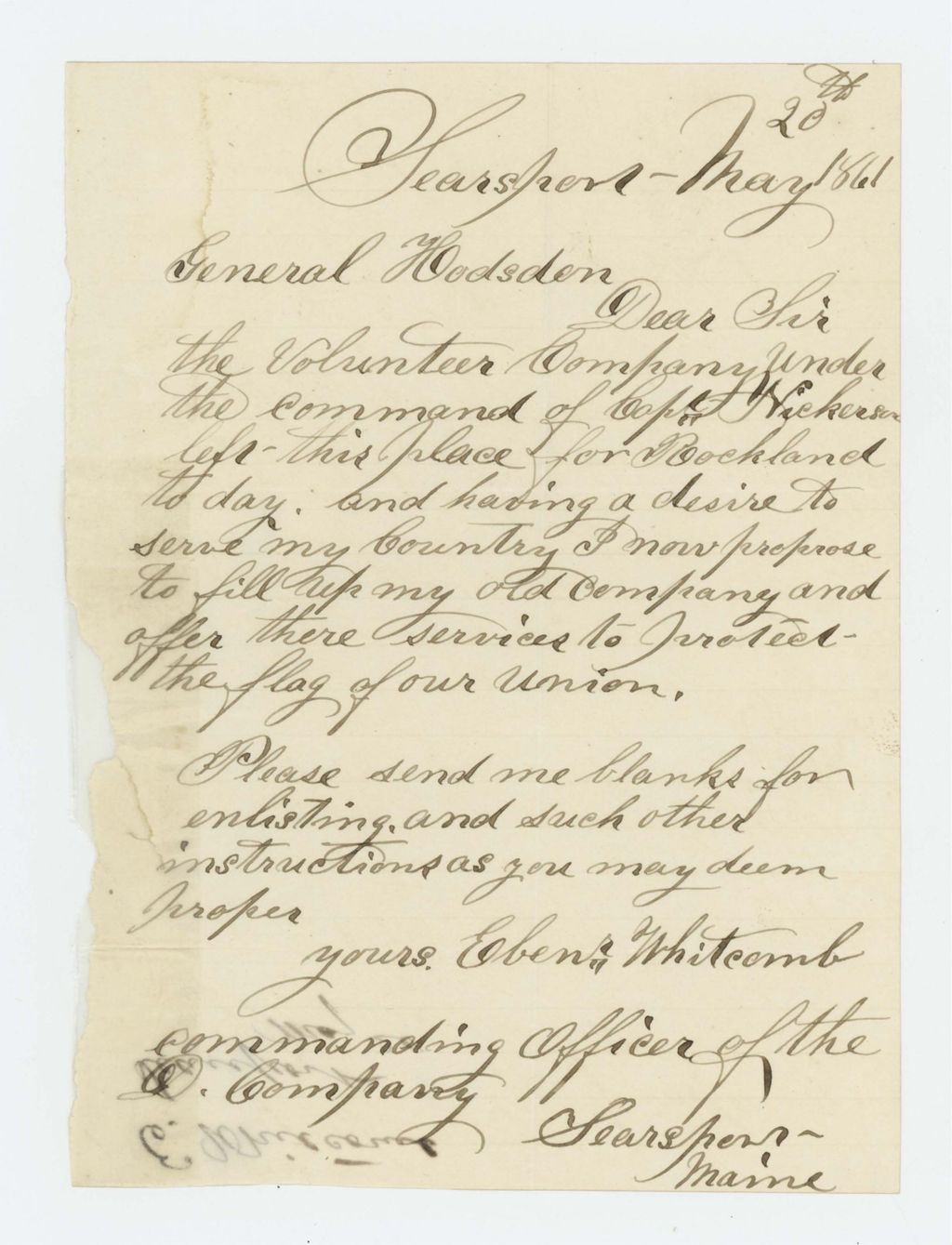 Miniature of Ebenezer Whitcomb requests recruitment papers to enlist more men
