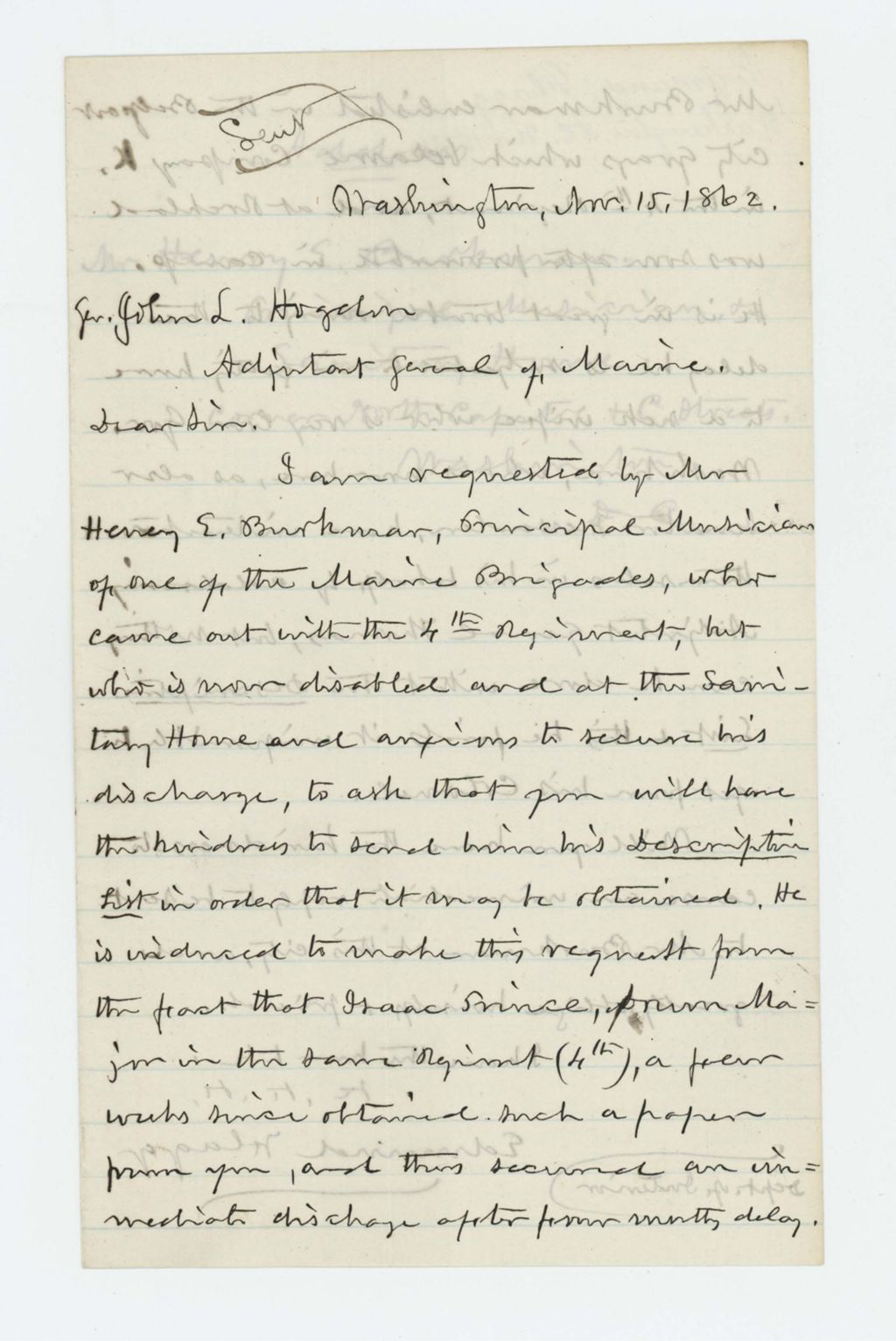 Miniature of Edmund Flagg requests discharge for Henry E. Burkman
