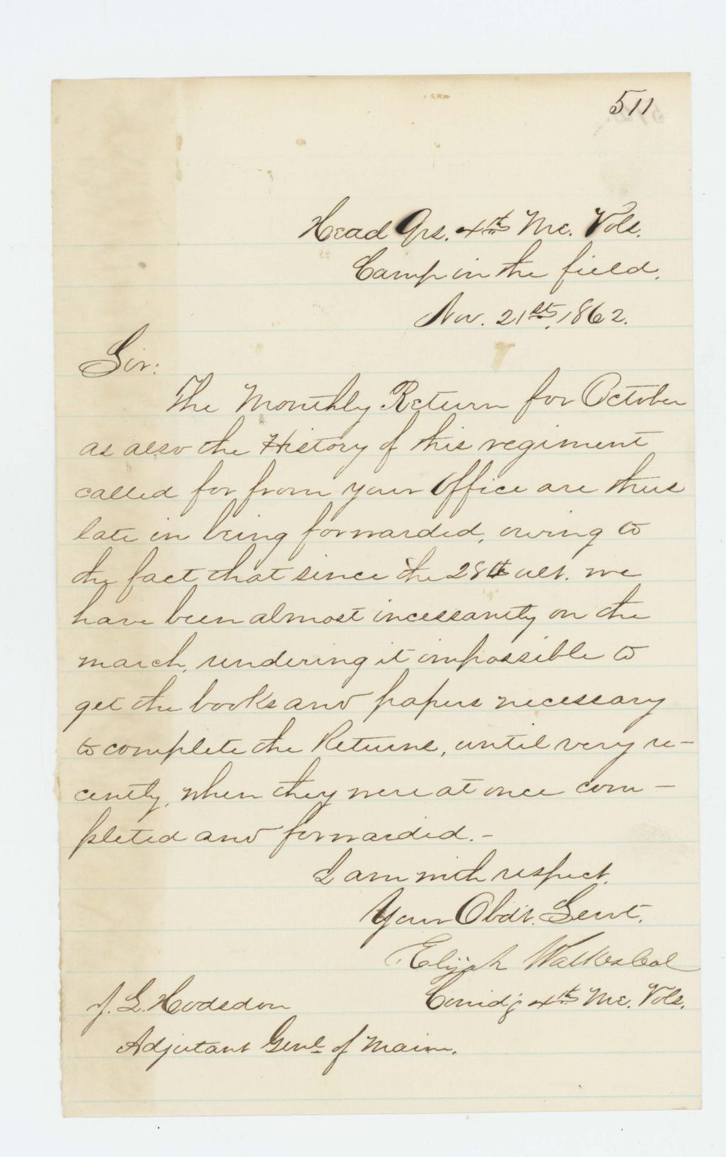 Miniature of Colonel Walker explains delay in forwarding regimental history and returns