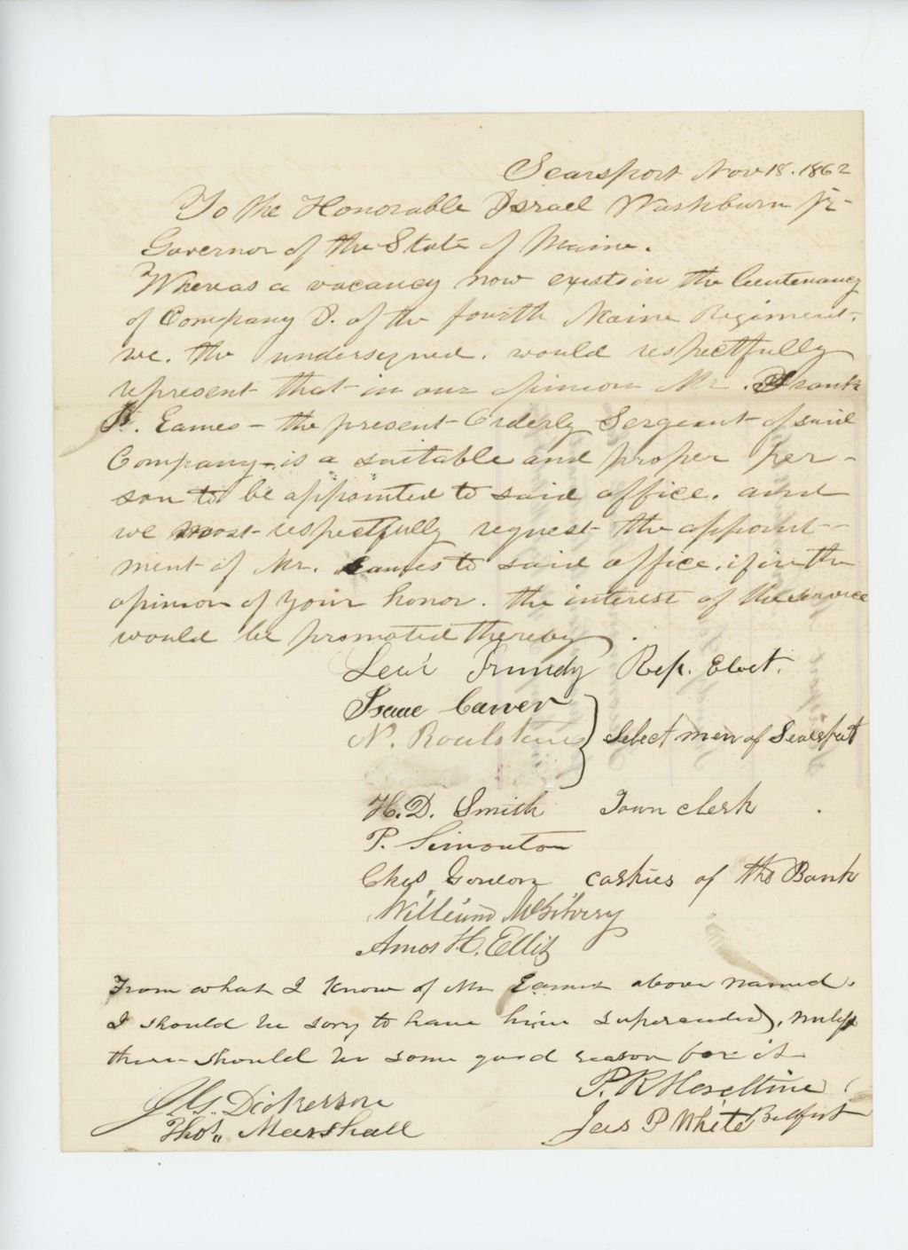 Miniature of Isaac Carver and others request promotion of Frank Eames