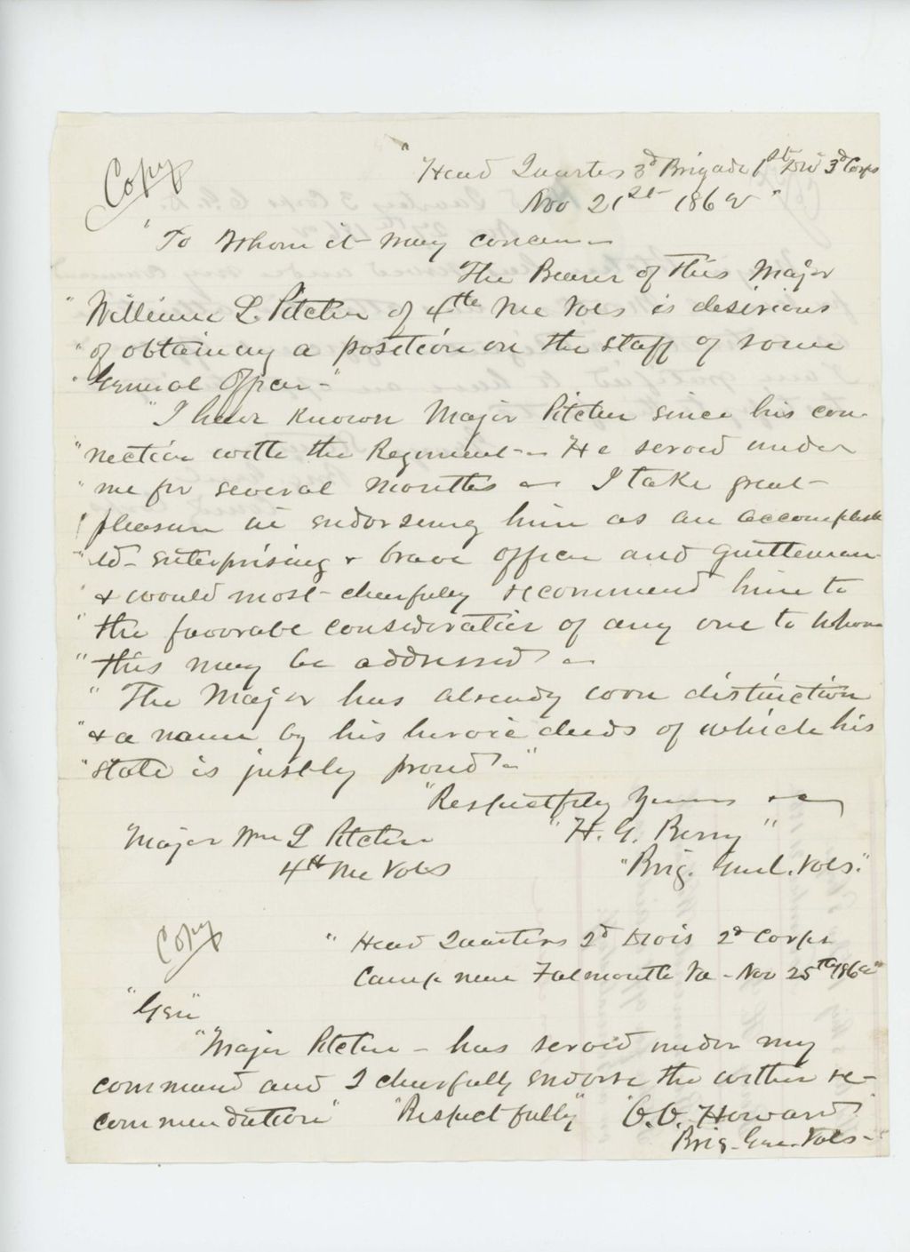 Miniature of General Berry recommends Major William L. Pitcher for aide de camp on a General's staff