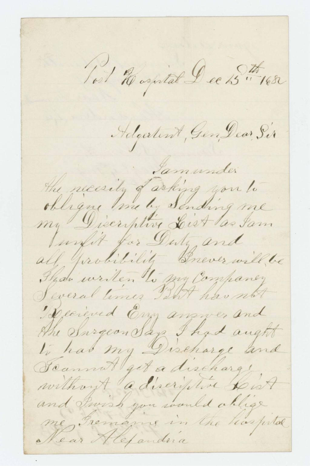 Miniature of Samuel S. Smith requests descriptive list for discharge