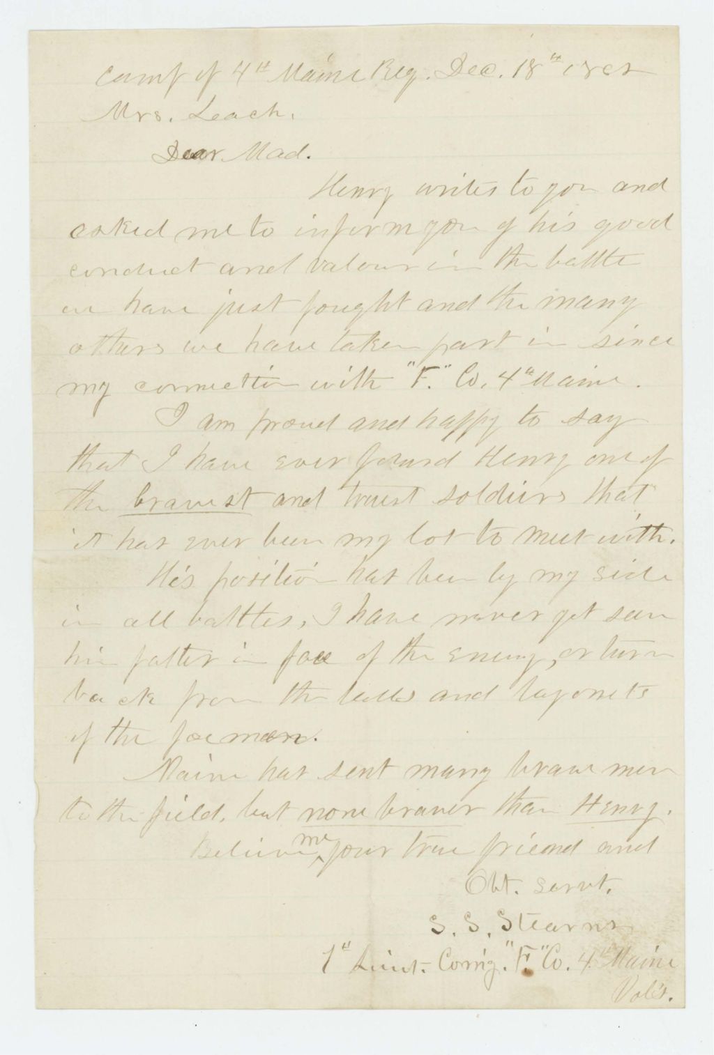 Miniature of Lieutenant Solomon Stearns writes Mrs. Leach about her brave son Henry