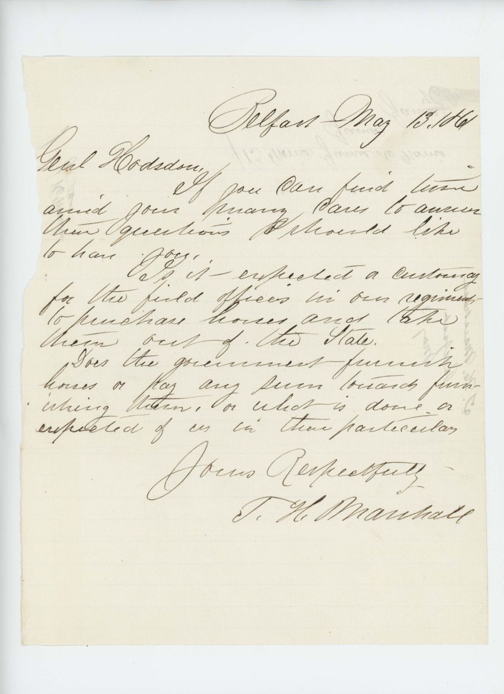 Miniature of Thomas H. Marshall inquires about horses for officers