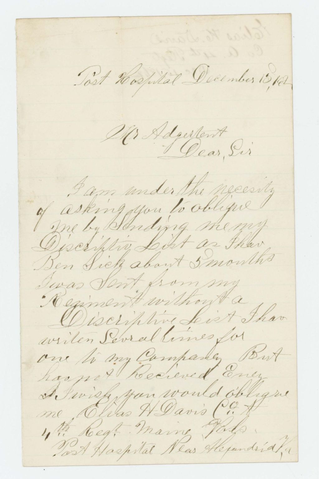 Miniature of Elias Davis requests descriptive list for discharge