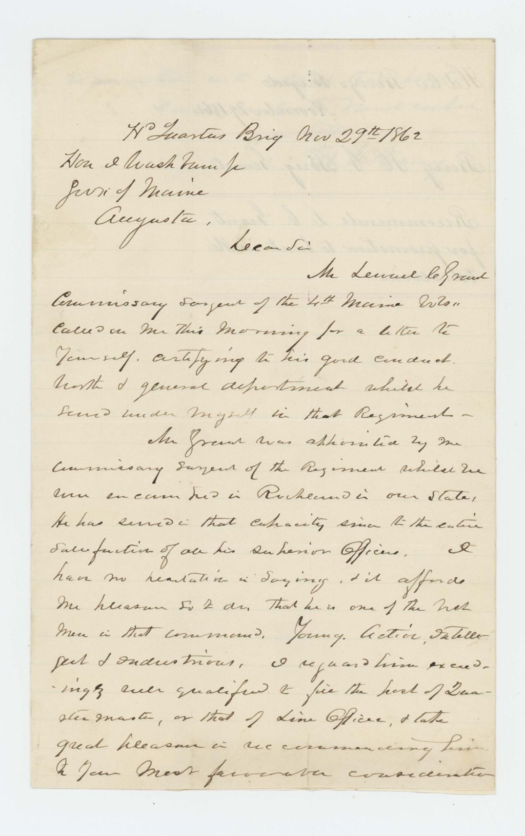 Miniature of Brigadier General Berry recommends Lemuel G. Grant for promotion to lieutenant