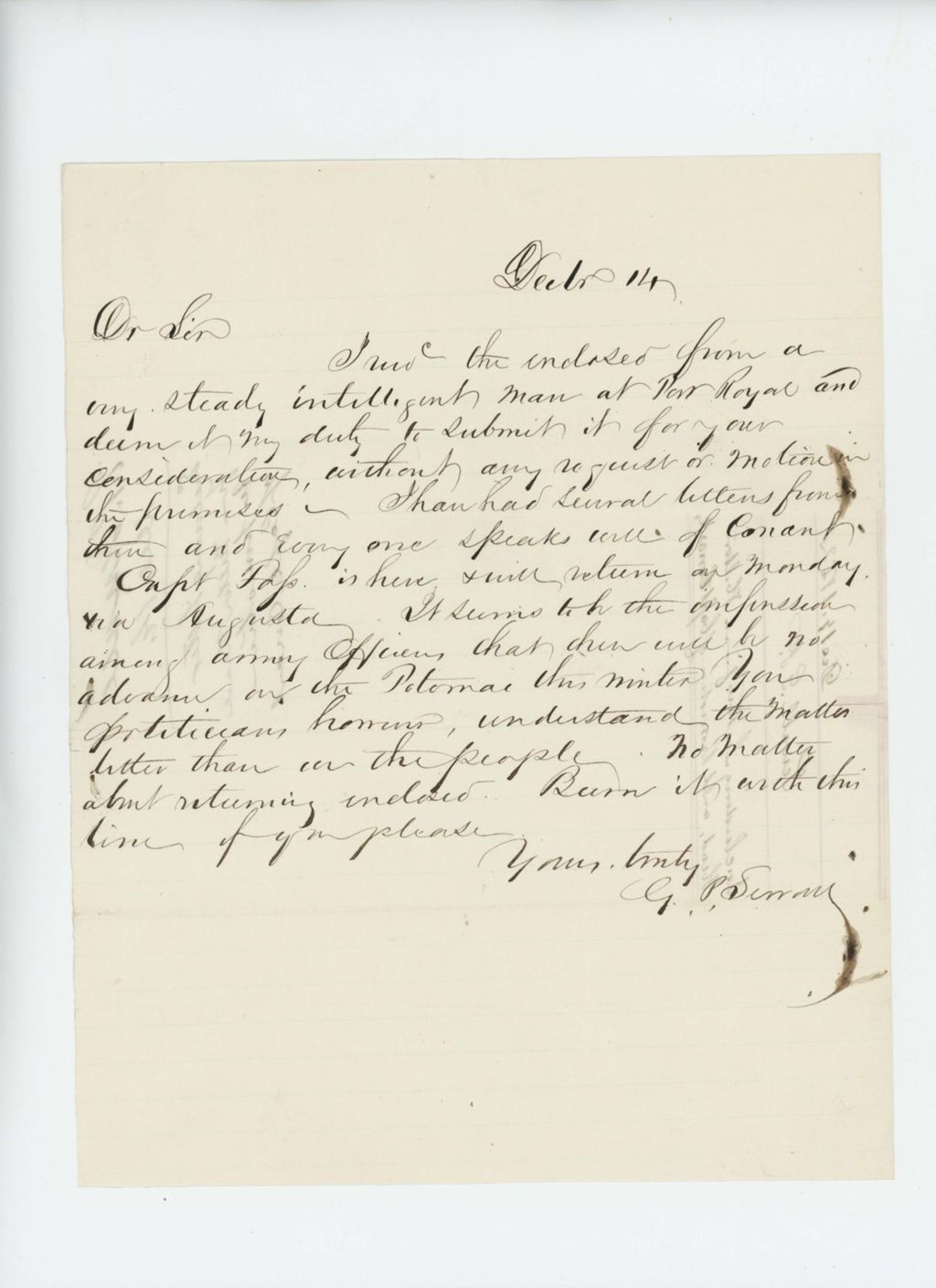 Miniature of G.P. Sewall writes regarding promotion of Captain Conant