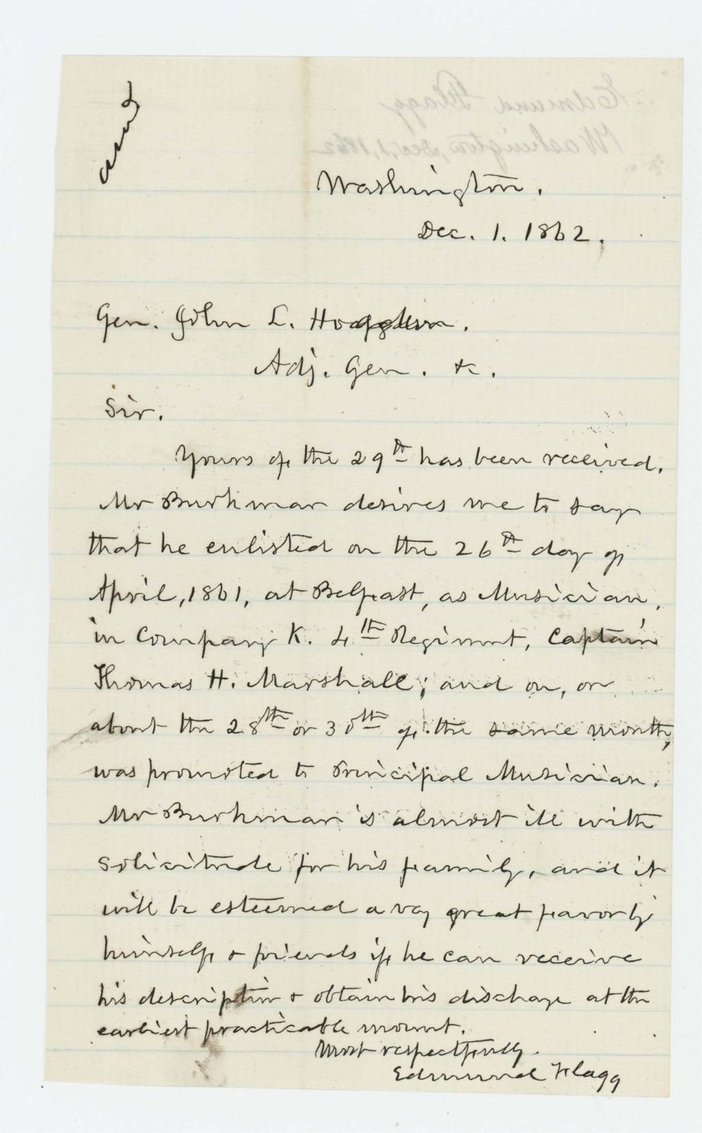 Miniature of Edmund Flagg writes on behalf of Mr. Burkman