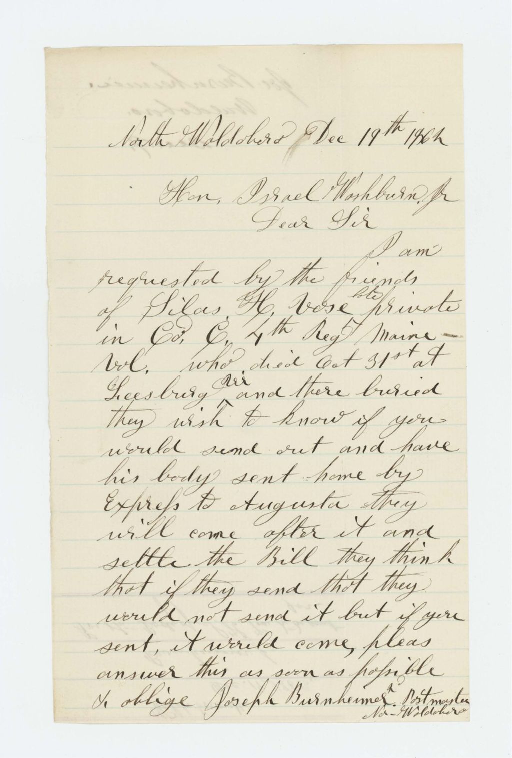 Miniature of Joseph Burnheimer, postmaster, requests the body of Private Silas H. Vose of Company C