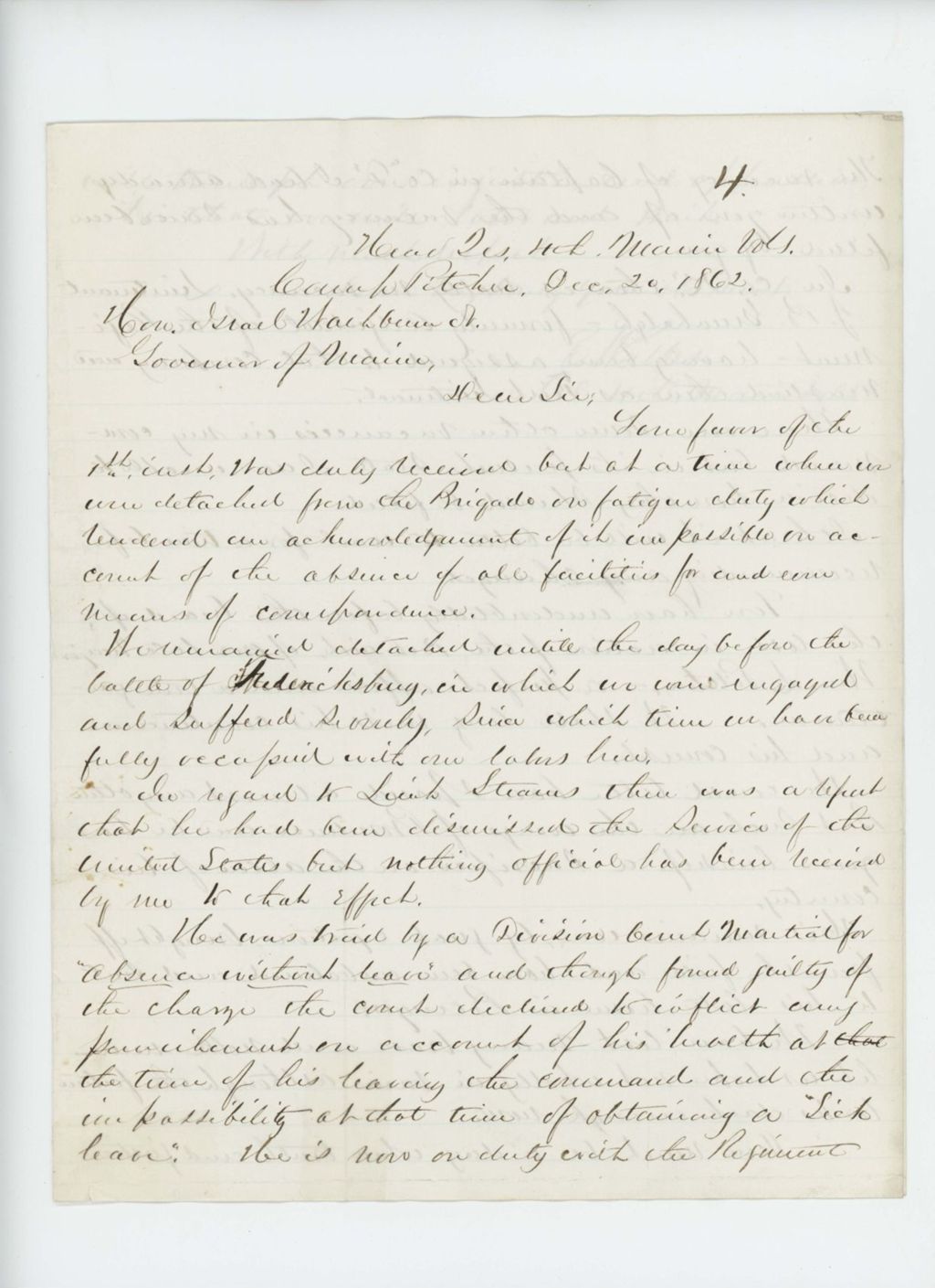 Miniature of Colonel Elijah Walker writes Governor Washburn regarding severe losses at Fredericksburg and court martial of Lieutenant Stearns