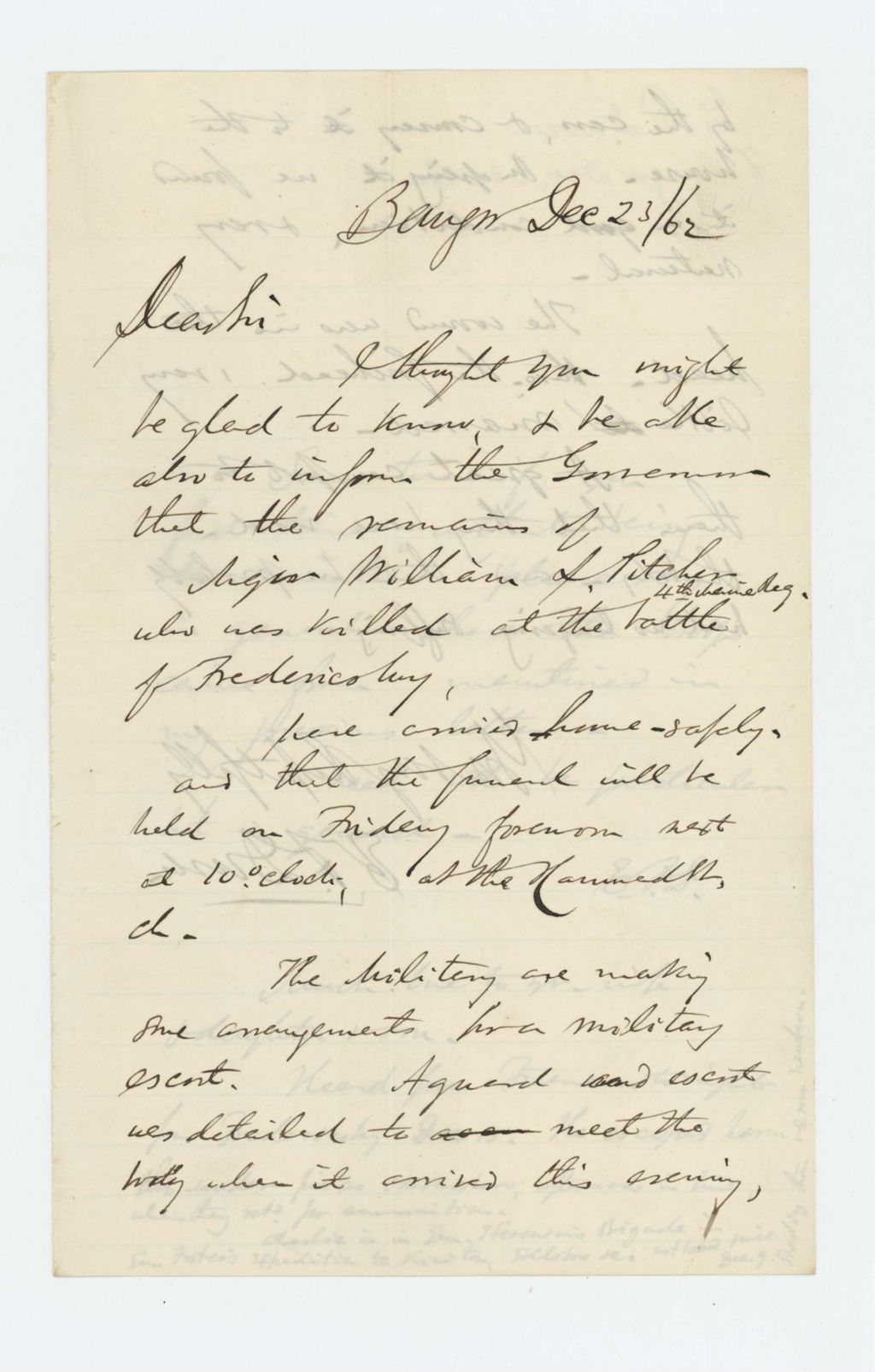 Miniature of E.F. Durew informs the Governor that the remains of Major William L. Pitcher arrived in Bangor