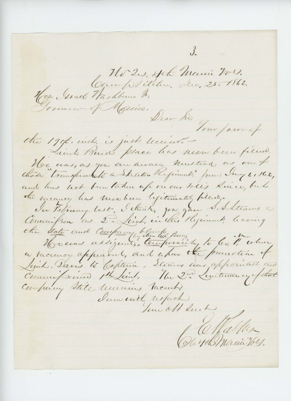 Miniature of Colonel Walker writes Governor Washburn regarding Lieutenants Burd and Stearns
